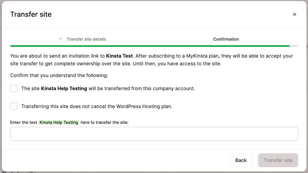 Cliquez sur le bouton Transférer le site pour confirmer le transfert.