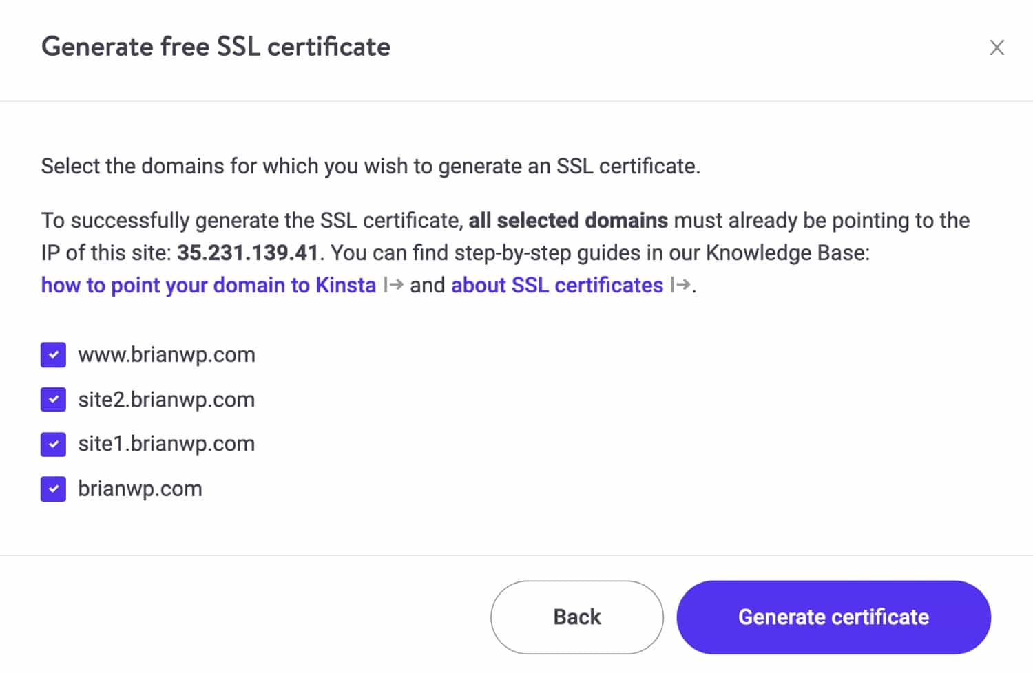 Generare un certificato SSL per multisite in MyKinsta.