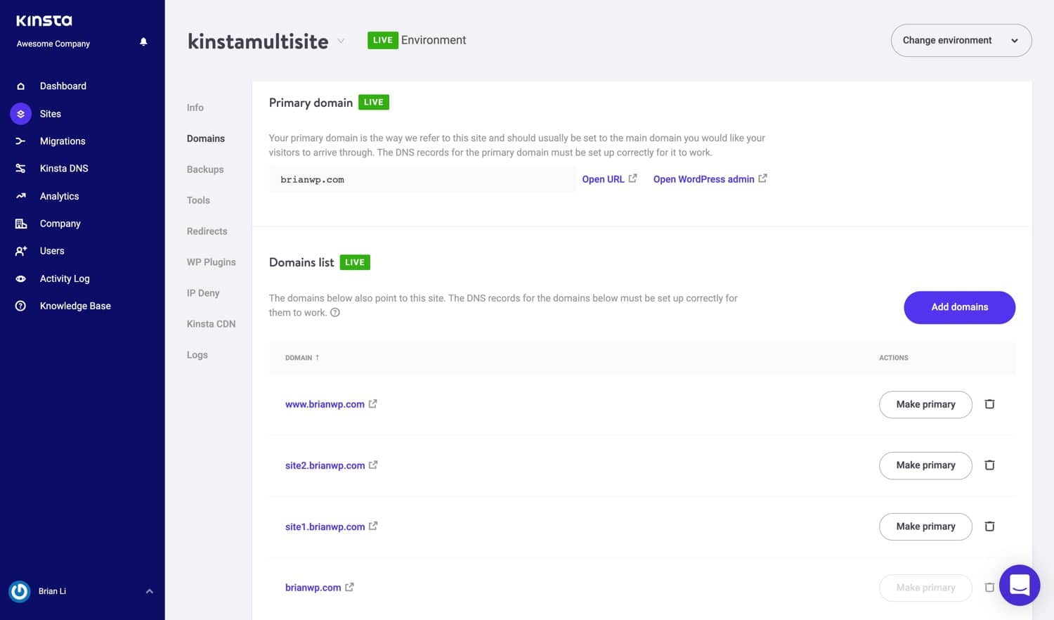 Multisite domeinen in MyKinsta.