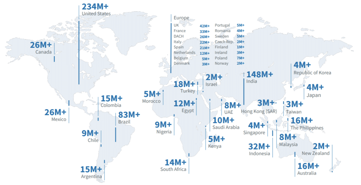 World map showing LinkedIn members by country (updated 2025)