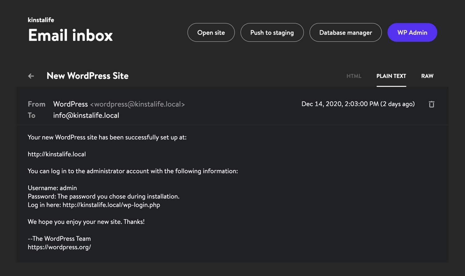 Los modos de visualización de la bandeja de entrada del correo electrónico de DevKinsta.