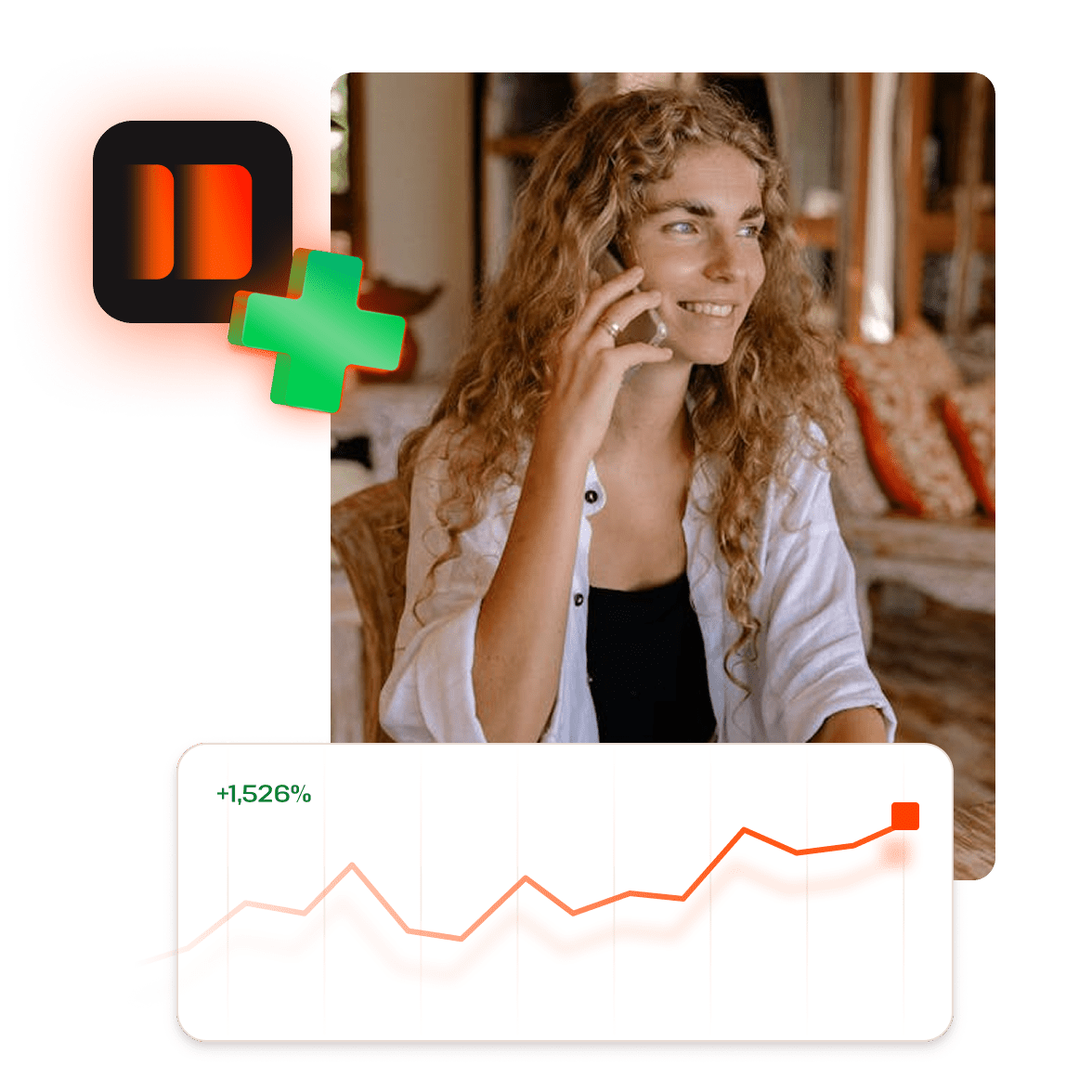 Eine Geschäftsfrau telefoniert, während neben ihr eine steigende Grafik erscheint, die Wachstum und Partnerschaft mit Kinsta symbolisiert.